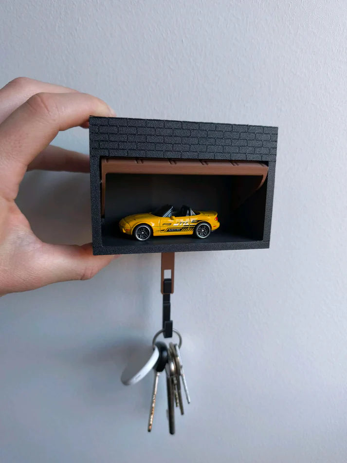 Miniature Car Garage Key Holder with 1:64 Scale Model – Wall Mount with Opening Garage Door (With Car)
