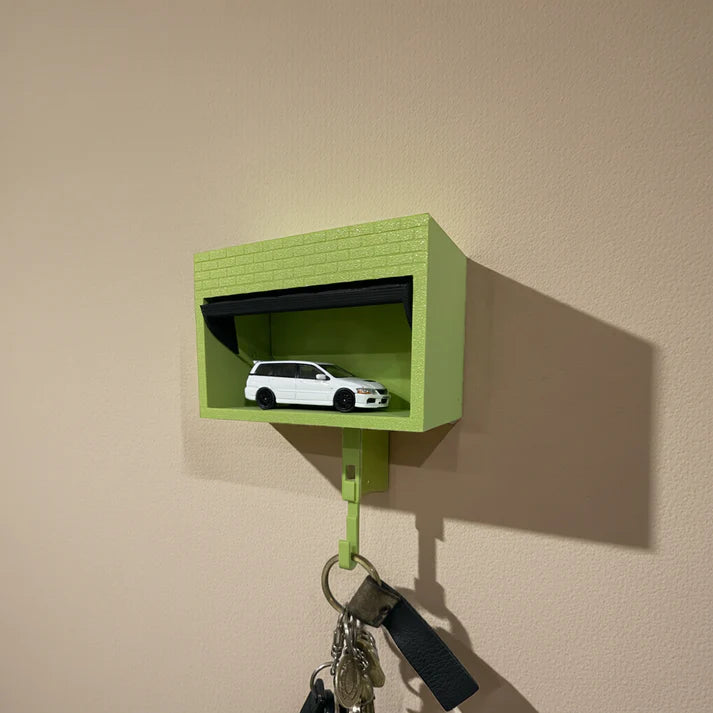 Miniature Car Garage Key Holder with 1:64 Scale Model – Wall Mount with Opening Garage Door (With Car)